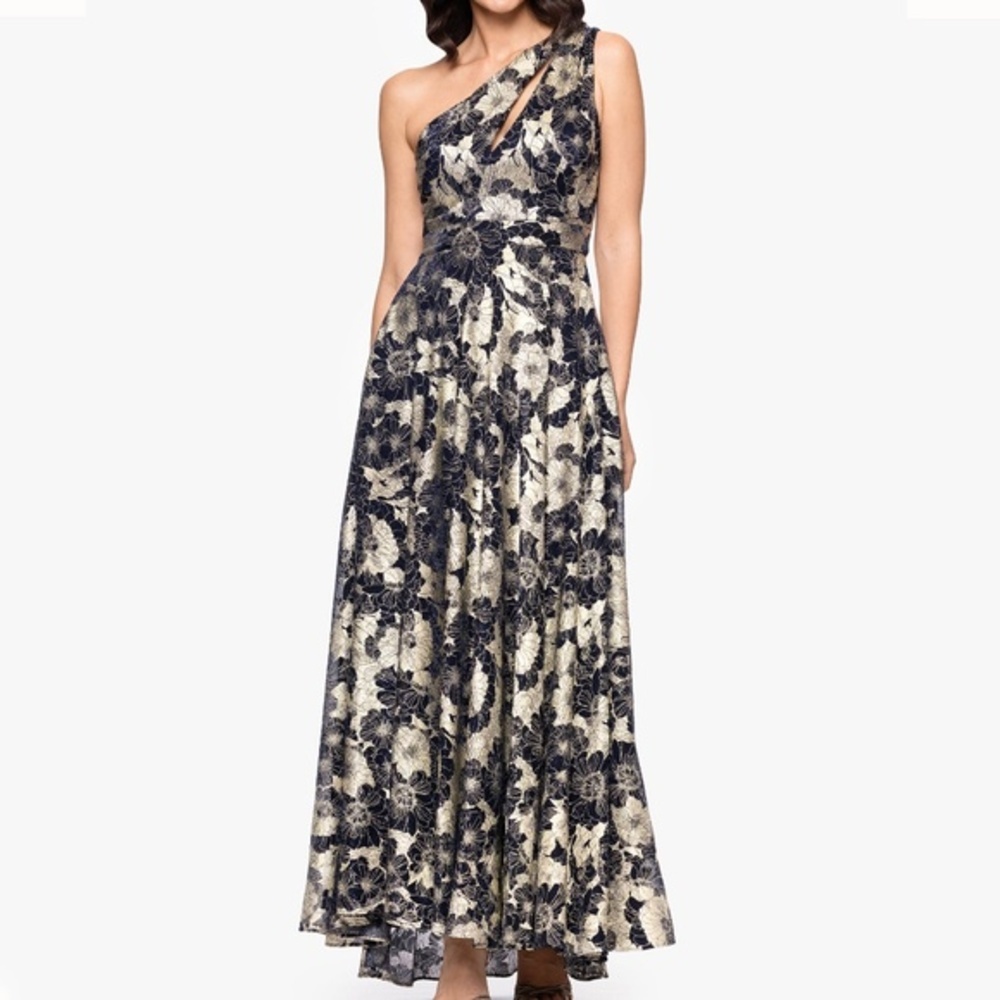 Betsy & Adam - Gwen Long One Shoulder Wrap‎ Foil Flower Dress